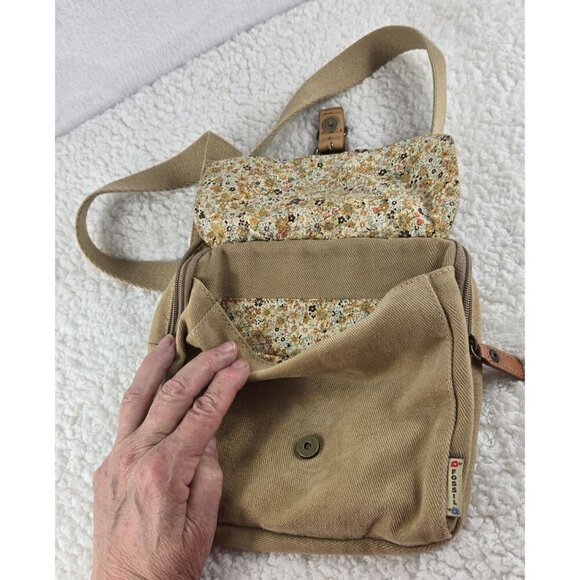 Vtg Fossil Khaki Corduroy Leather Trim Messenger Bag 8"x8" Safari Sac Crossbody - Picture 7 of 10